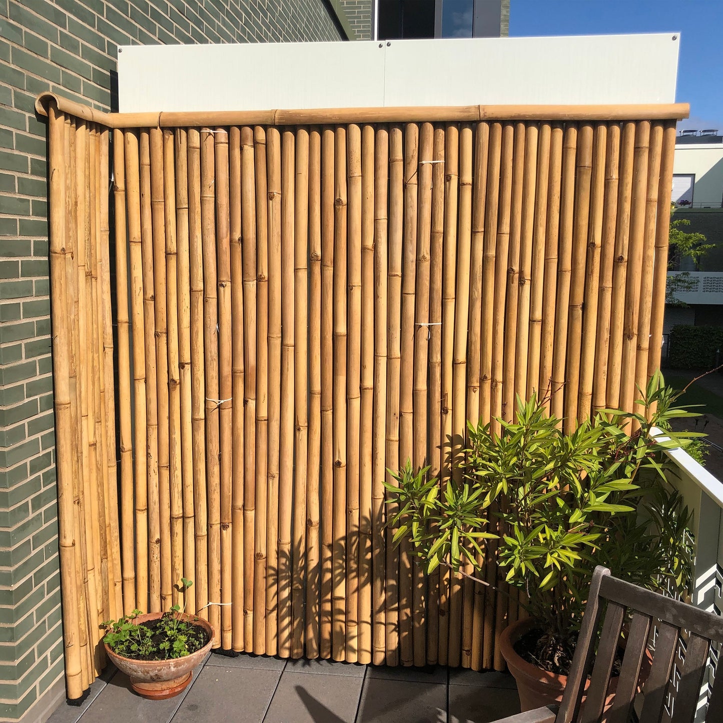 Rollmatte / Sichtschutz / Wandverkleidung aus hellem Bambus mit einem Dreiviertel-Bambusrohr als Zaunabdeckung