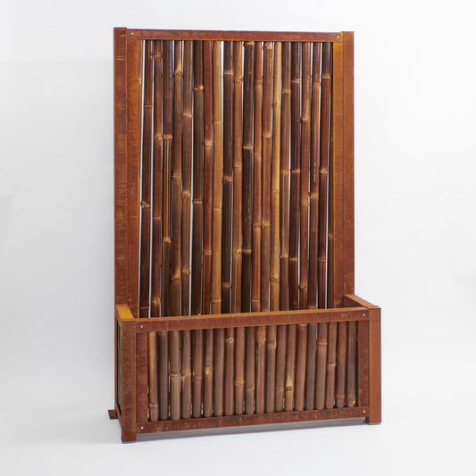 Lit surélevé avec brise-vue - Acier Corten avec remplissage en bambou foncé (différentes tailles)