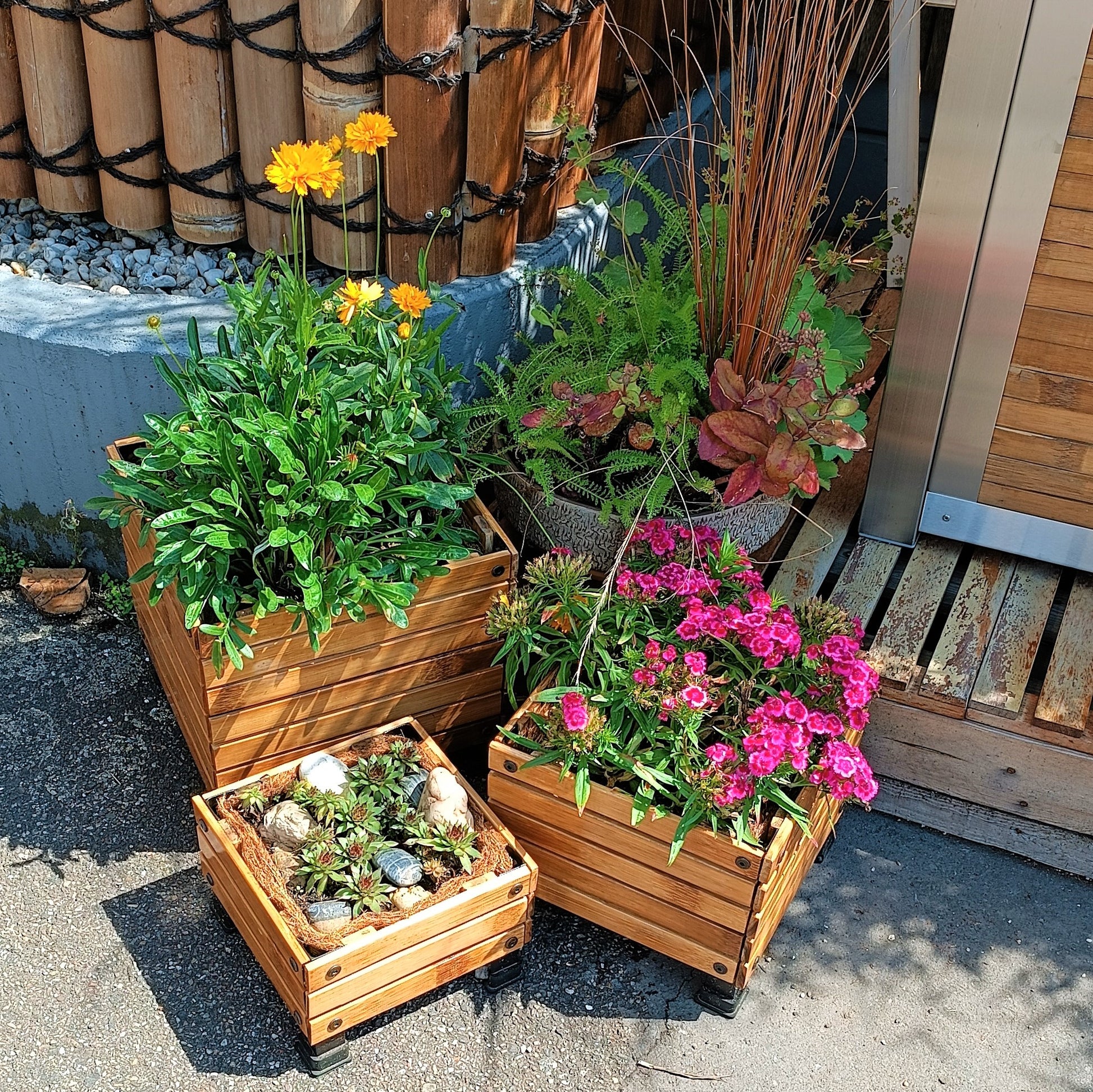 Bambus-Pflanzkästen quadratisch 3er Set – Pflanzkübel Balkon & Terrasse – Bambusbasis