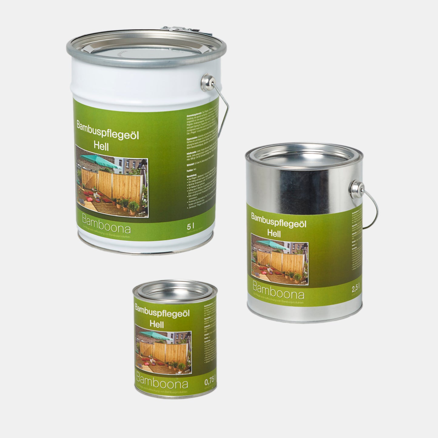 Bambus Pflegeöl in den Größen 0,75 / 2,5 und 5 Liter - Produktfoto